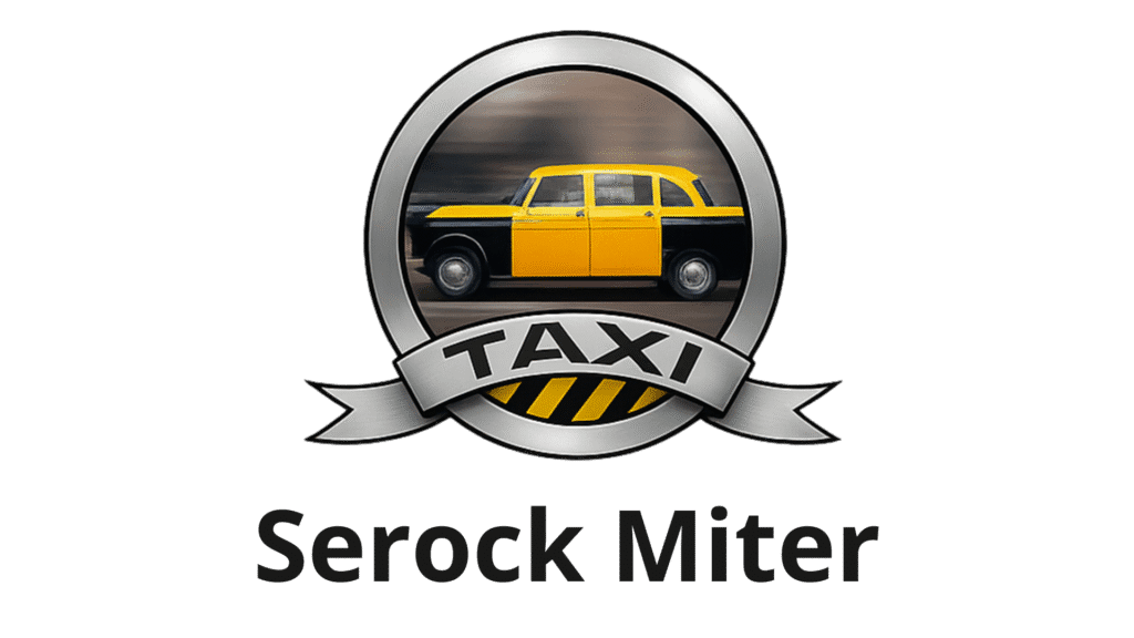 Taxi serock miter - LOGO. Kolory czarno - żółte, okrąg w nim samochód - taksówka. Okrąg przecina wstęga na której jest napis TAXI. Pod spodem napis: Serock Miter