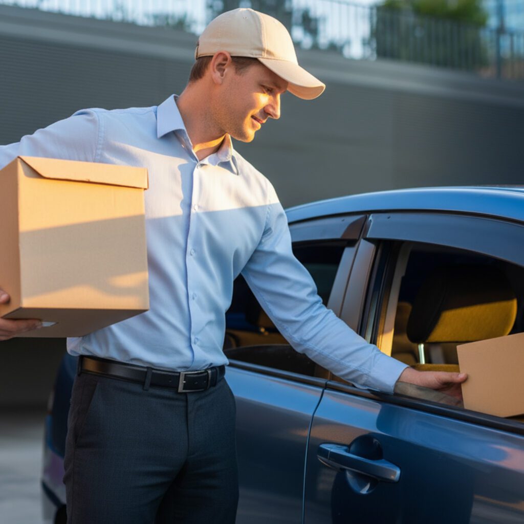Młody kurier (w niebieskiej koszuli i czapce z daszkiem) podaje paczkę 📦 przez okno kierowcy taksówki Taxi Serock Miter. Realizacja usługi ekspresowe przesyłki kurierskie i zakupy na telefon Serock i nad Jeziorem Zegrzyńskim.