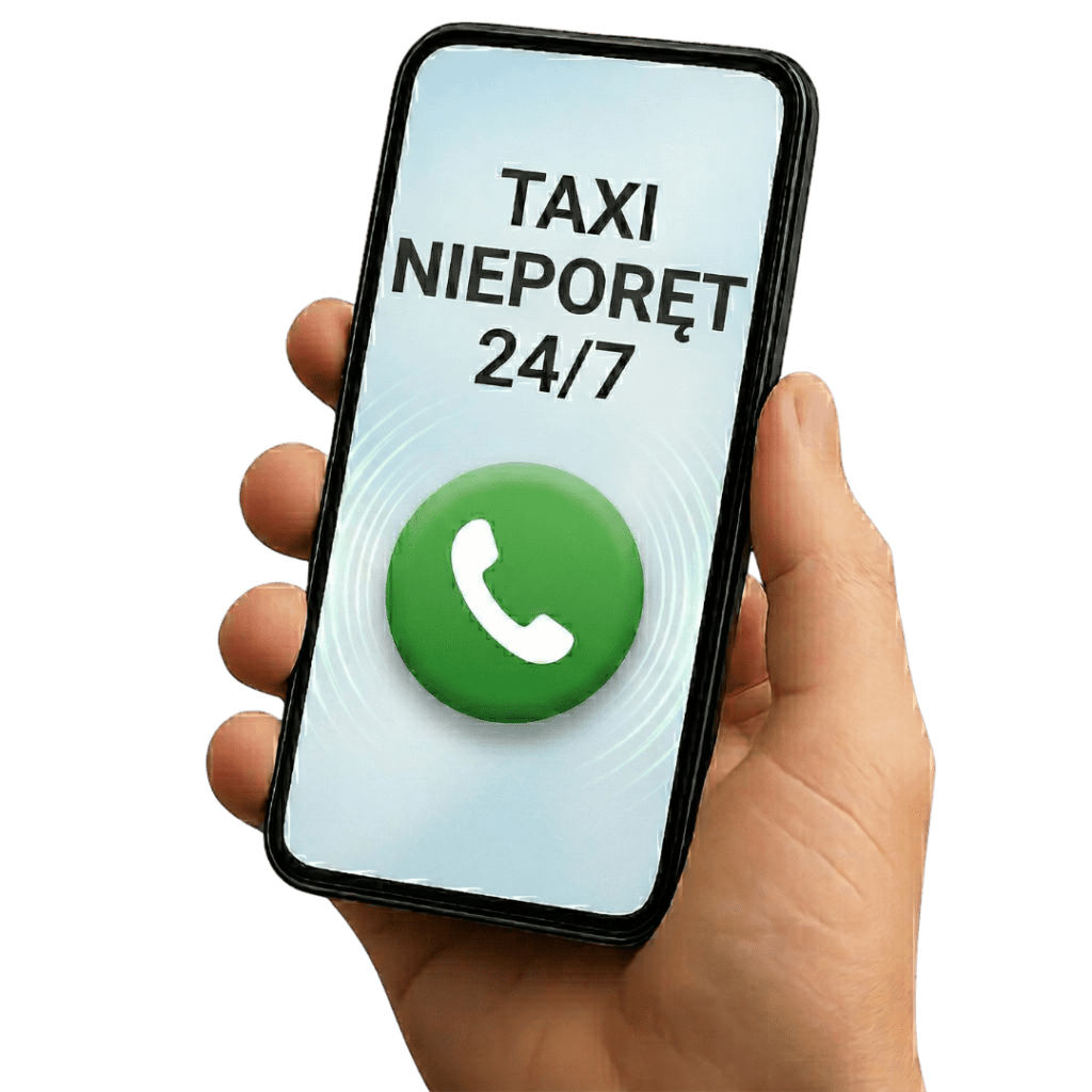 Dłoń trzymająca smartfon z napisem TAXI NIEPORĘT 24/7 i zielonym przyciskiem do szybkiego zamawiania taksówki po plażowaniu.