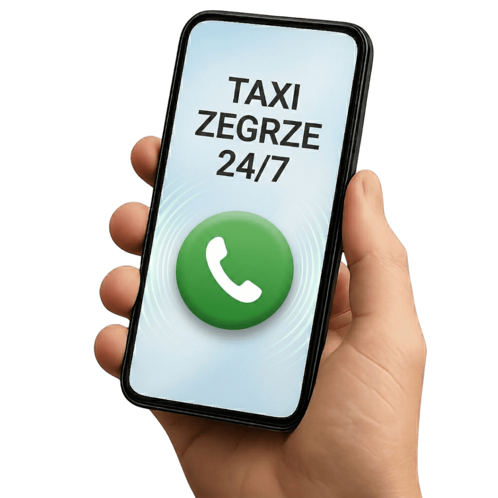 Dłoń trzymająca smartfon z wyświetlonym napisem Taxi Zegrze 24/7 i dużym zielonym przyciskiem do telefonicznego zamawiania taksówki nad Zalewem Zegrzyńskim.